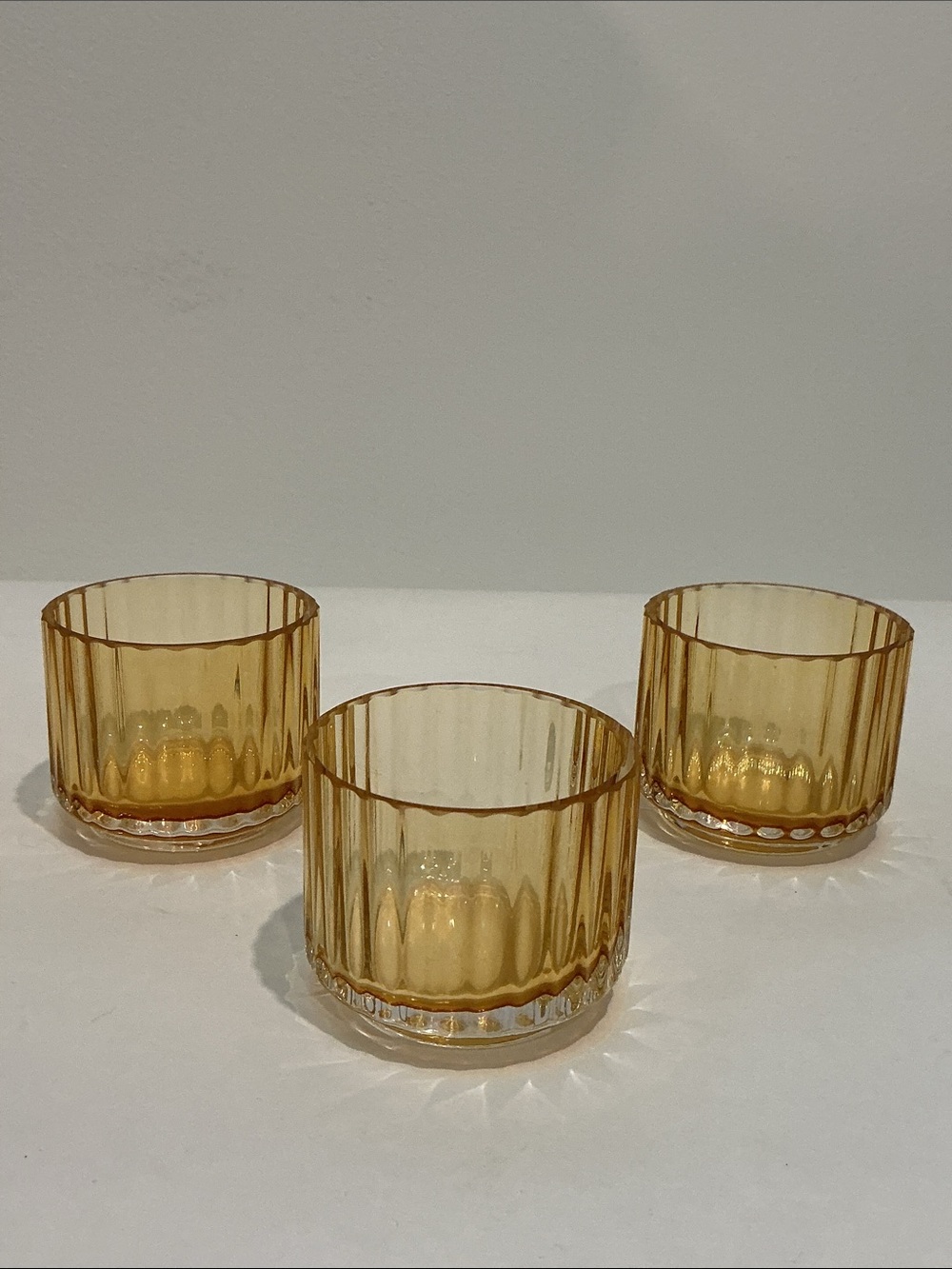 Amber Glass Ribbed Tea-light Candle Holders Danmark Lyngby set of 3
